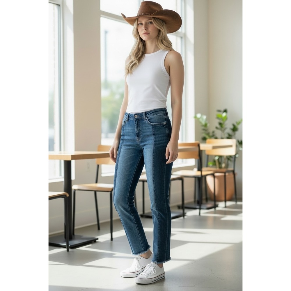 V Cristina Women Two Tone Blue Panelled‎ Skinny Jeans High Rise Raw Hem Size 10